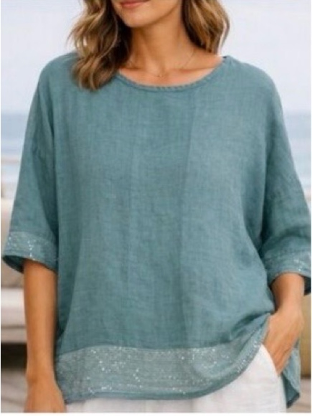 Bellambra Italy Green Linen Sequin Trim Round Neck 3/4 Sleeve Top Made in Italy